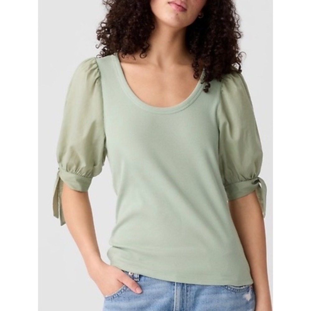 Gap NWT Womens Sage Green Ribbed Mixed Media Puff Sleeve Tie Cuff Top - Large